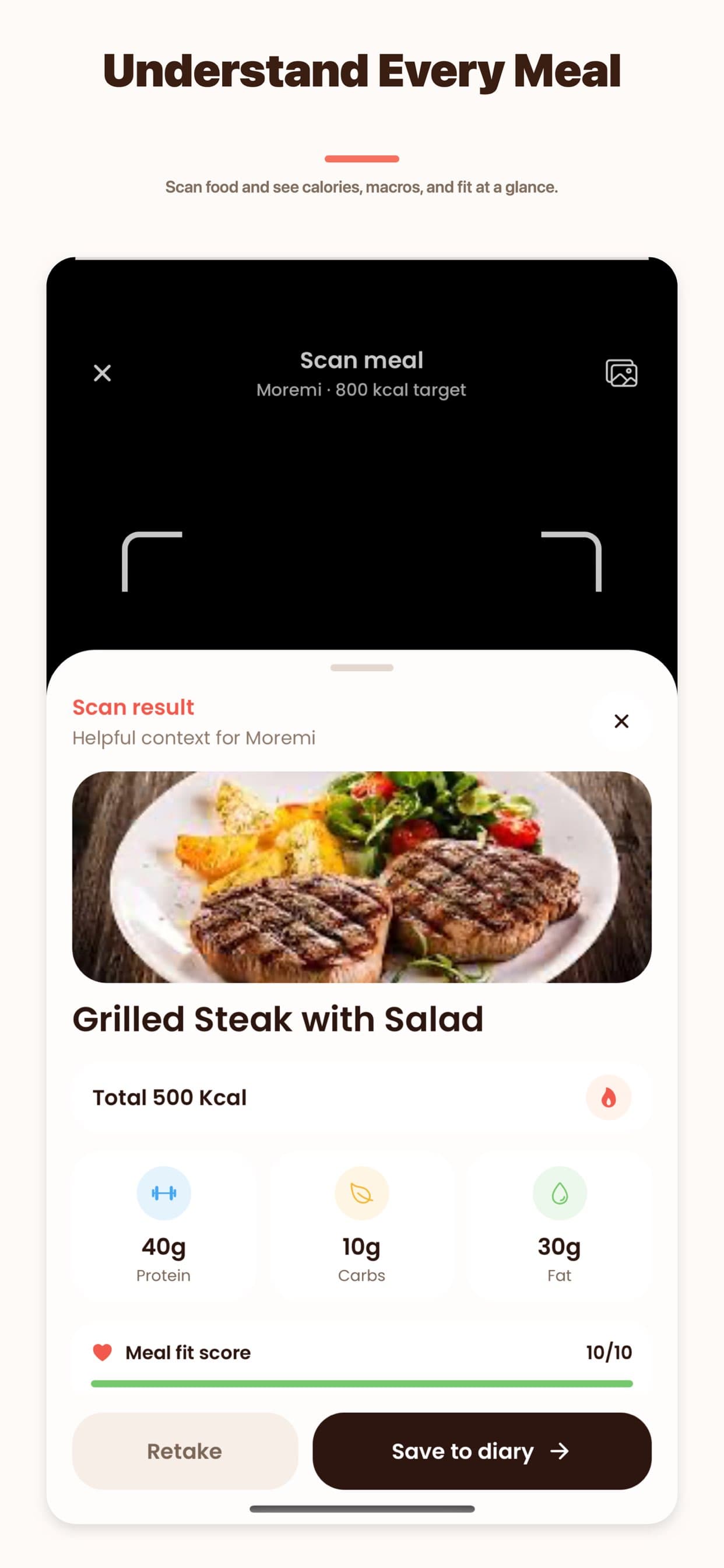 NurtureAI meal scan with estimated nutrition details