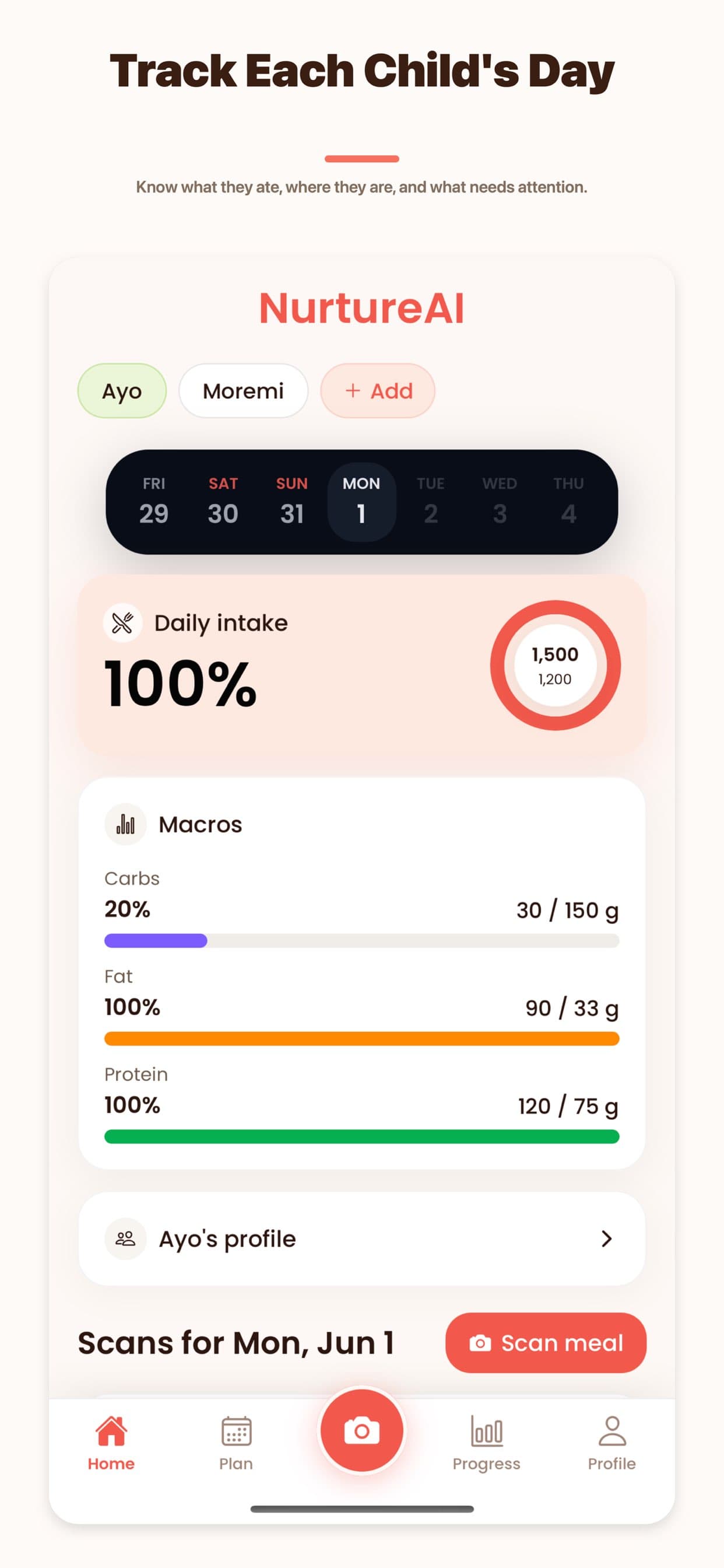 NurtureAI daily nutrition screen